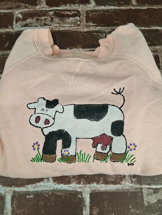 Hanes Tops - Vintage 90s Cow Sweatshirt Womens MEDIUM Pink Coral Hand Painted Art MOO Cottage